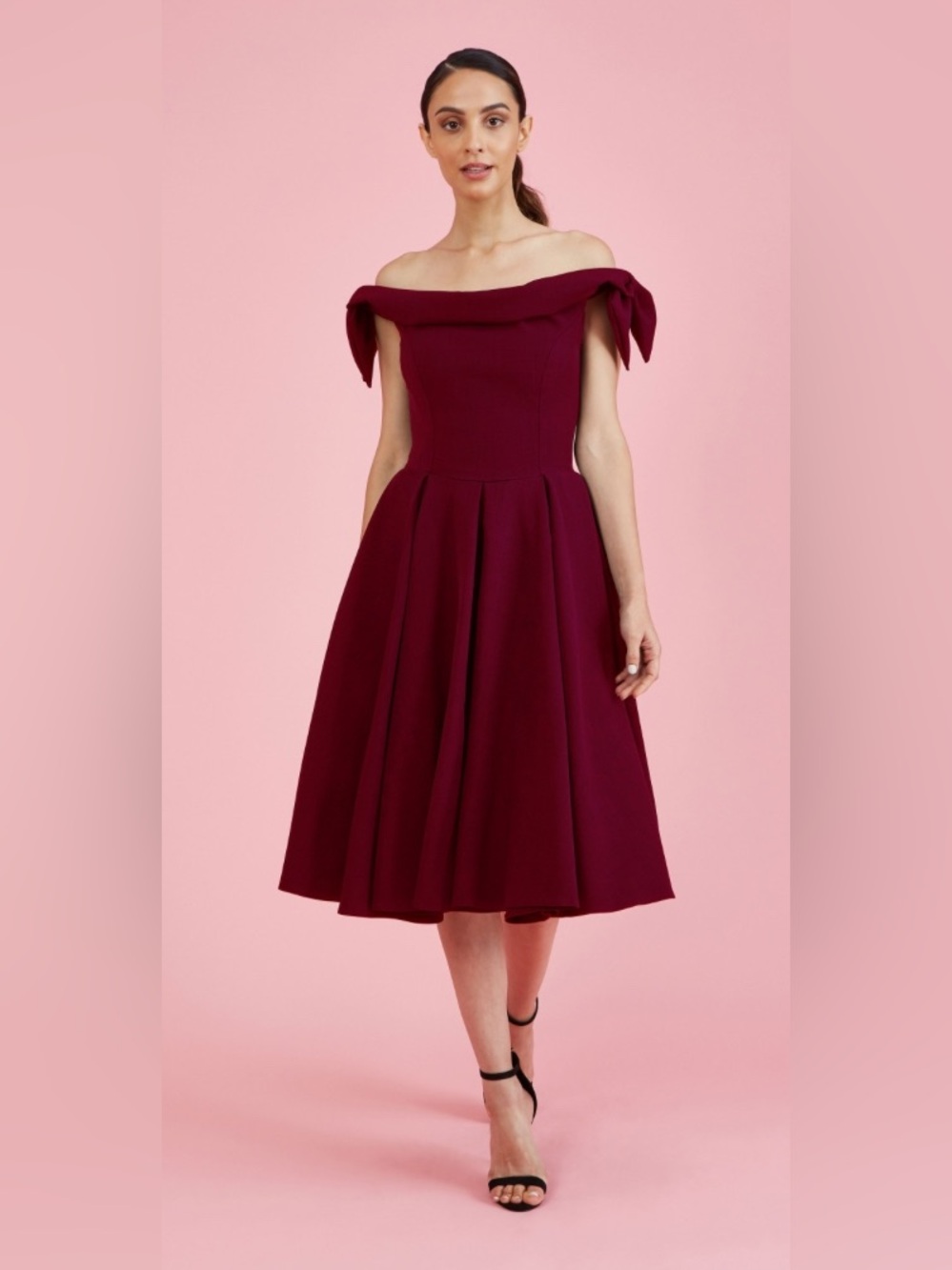 Off-Shoulder Bow Midi Dress in Wine